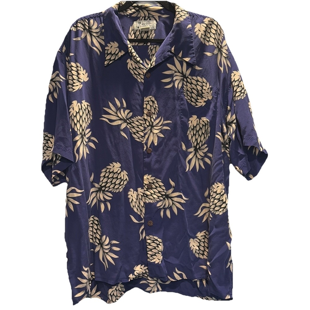 AVANTI Shirt Men's 2XL Navy Pineapple Silk Hawaiian Loop Collar Button Aloha